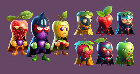 Colorful Vector Illustration of Fruit Superheroes Characters, Creative Concept Art of Apple, Strawberry, and Eggplantのイラスト素材