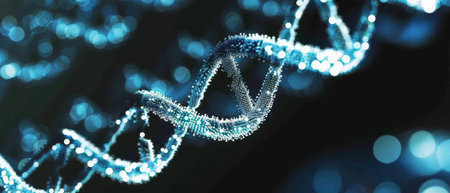 Futuristic information technology concept of an abstract digital background with dark blue and dark red colors. Digital code that communicates and transmits DNA biology data.の素材