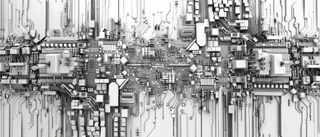 Computer technology background. Information technology. Space for text. Grayscale pcb background.の素材