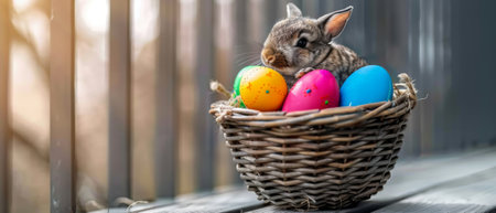 Card of a bunny in basket with decorated eggs for Easterの素材