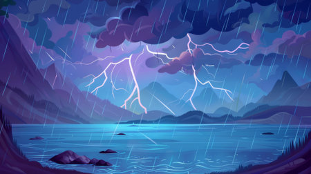 Wet thunder storm landscape with waves on a lake or river in a cloudy sky, falling rain and lightning. Cartoon modern natural scenery with pond shore in wet winter weather.の素材