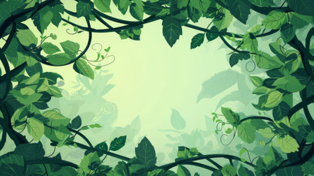 Branches of liana on green background. Modern cartoon illustration of twisted jungle plant vines, rainforest tree stems, travel banner or adventure game backdrop.の素材