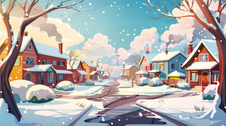 Typical urban neighborhood in winter, with cottage houses along country alley, chimney smoke rising, snow piles on trees and bushes, and snowfall on modern houses.の素材