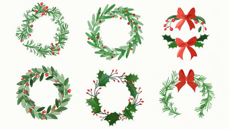 The design of a decorative Christmas door wreath is based on a cartoon illustration set of natural round frames made from leafy plant twigs and decorated with red berries and ribbon bows. The designの素材