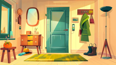 Home hallway interior with furniture. Modern cartoon illustration with green entry door, mirror, telephone, coat on hanger, boots on floor, flower pot, umbrella in corner.の素材