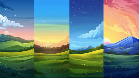 The cartoon shows a field with grass and trees near the foot of a mountain during four day times, including a sunny afternoon, dawn and sunset, and dark night.の素材