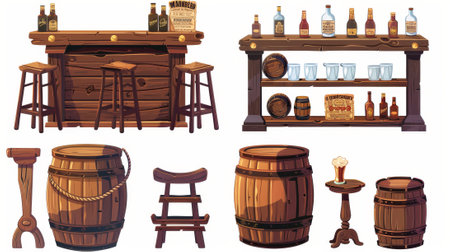 A view of western bar furniture isolated on white background. This illustration depicts an old wooden pub counter, shelf, chairs and table, a barrel, alcohol bottles, beer mugs, a wanted criminalの素材