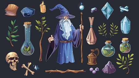 The old wizard and a set of magic assets. Modern cartoon illustration of a magician with long beard, wand in hand, gemstone, crystal ball, elixir bottle, olive branch, and bones.の素材