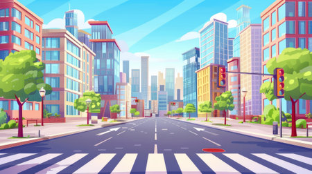 A city streetscape with a crossroads and multi-story buildings, a road with crosswalks and traffic lights. Modern illustration of a cityscape with highrise buildings.の素材