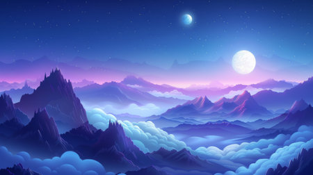 In the dusk of a morning, the top of a high rocky mountain rises above clouds, lit by the full moons light in a cartoon modern illustration that depicts a dark dusk landscape with stone hill peaksの素材