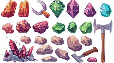 UI asset set of diamonds and gemstones mining game. Modern assets include red, green, and purple shiny gem crystals, shovels, pickaxes and wooden handles.の素材
