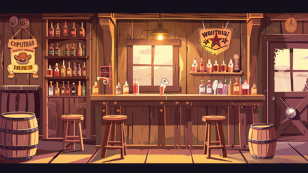 An interior design of a western saloon with a door and window, an antique wooden counter, alcohol bottles on shelves, beer mugs on tables, and a wanted criminal poster.の素材