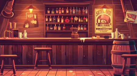 Retro style western saloon interior design. Modern cartoon illustration of old wooden counter with alcohol bottles on shelf, beer mugs on table, wanted criminal poster on wall, barrel and glasses.の素材