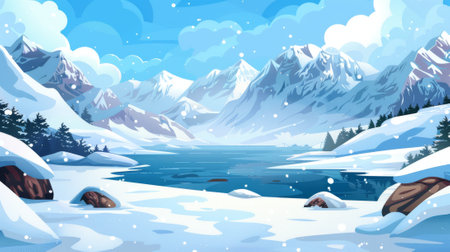 Winter snowy landscape with frozen lake near rocky mountains under blue sky with clouds. Cartoon modern panoramic peaceful cold landscape with pond and shore covered with snow.の素材
