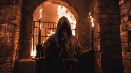 Spooky medieval palace cellar corridor interior with monster, iron gates or bars, torches with flames on brick or stone walls, male ghost guard holding sword in hood.の素材