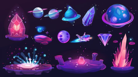Cartoon modern illustration kit of floating alien planet ground platform with purple surface, magic portal and explosion effect, gemstone, and spaceships for space design.の素材