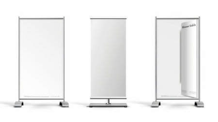 Isolated on white background, 3D set of blank advertising stands, banner mock-up for product presentation, pop up poster front and back.の素材