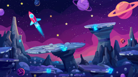 Floating platforms in space travel game. Modern illustration of galaxy landscape, alien spaceship flying between level stones, stars and lock icons, asteroids in night sky.の素材