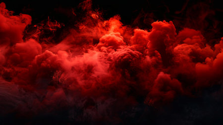 The smoke effect on the black background is a modern realistic illustration of hot fire and flame clouds in hell, paint powder sprayed in the air, magic power, and a spooky Halloween atmosphere.