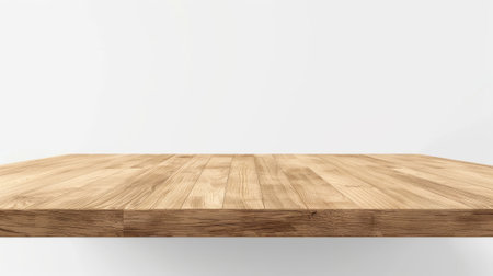 A light brown wooden 3D table countertop isolated on white background. Foreground view of a desk with a wood texture surface. A realistic furniture element for a presentation stand or podium, as wellの素材