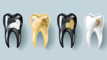 In this realistic design, you will see teeth that have been cleaned thoroughly at a dentist - dirty, gray, yellow and stained, and clean, white, shiny in this modern set of issues with dental careの素材