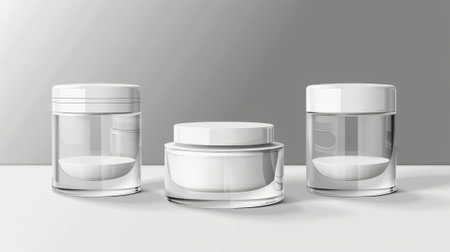 Mockup of a cream glass jar and white cap. Detailed modern illustration set of a transparent, translucent and matte plastic cosmetic jar. Clear makeup or face cream package with shiny lid.の素材