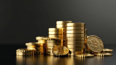Gold coin stack in realistic 3D modern illustration set - financial wealth, profit, and deposit idea. Game treasure icon.の素材