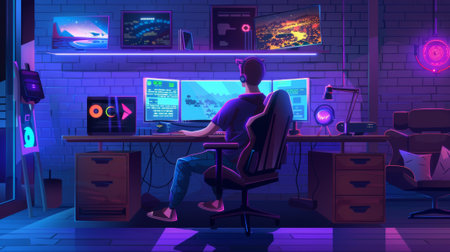 Animated modern of young boy sitting in seat with joystick near desk with monitor and neon signs on the wall playing video game. Cartoon illustration of room interior with gaming setup.の素材