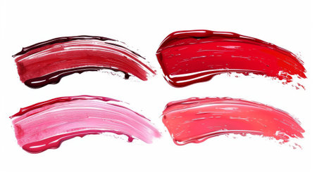 Gloss lipstick texture smudge on white background with red and pink gloss lipsticks. Realistic modern illustration set of mouth liquid cosmetic smudge and nail polish swatch strokes.の素材