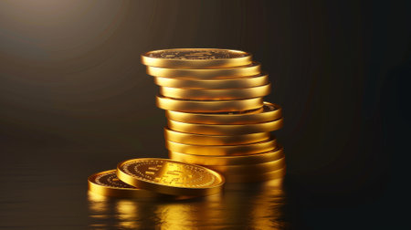 In this realistic 3D modern illustration, there are different sizes of gold coin stacks. Glossy, simple golden currency pile - financial wealth, profit and deposit concept. A treasure icon for games.の素材
