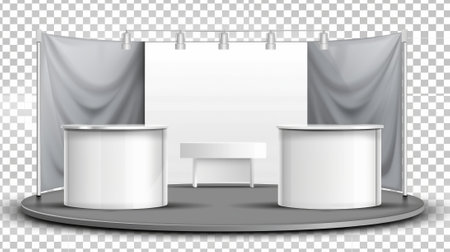 Booth templates isolated on a transparent background. Modern realistic illustration of 3D white stand, blank banner design for branding, and exhibit stall design for showcasing products.の素材