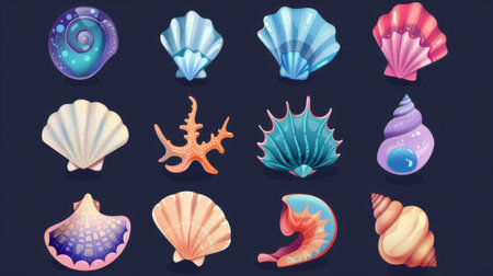 UI icon set of seashells. Cartoon illustration of cute underwater creatures. Seashell and horned clam with pearl, open scallop with pearl on aquarium bottom.の素材