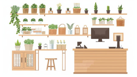 Green vegetation in pot, empty baskets, wooden displaying stand and working table, cash register, and plants set for a flower shop.の素材