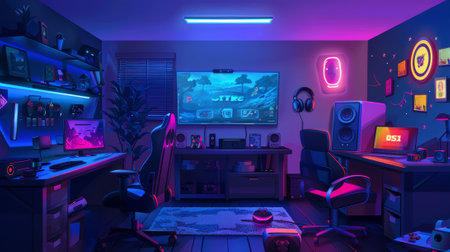 Playing video games and streaming at night in a cartoon dark house with a big TV, a console with a gamepad, and a neon joystick sign inside.の素材
