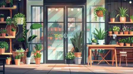 Florist shop interior featuring green plants in a pot and bouquets in baskets standing on wooden shelves and racks, table with cashier, large glass door and window. Cartoon modern illustration.の素材