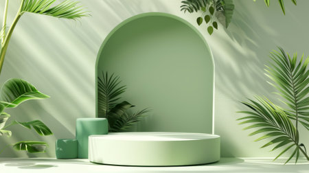 Realistic 3D modern illustration of a pastel plastic cylinder presentation stand installed behind an archhole. Round cosmetic display platform.の素材