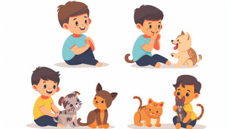 An illustration of a happy preschool boy who cuddles a fluffy pet. Cartoon illustration of the love between a puppy and kat.の素材