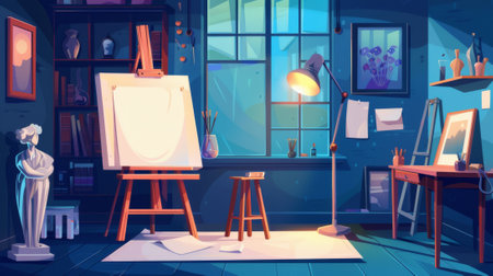 Modern cartoon illustration of a night art studio, blank canvas on easel, stool under lamp, paper, vases, statues on shelf, drawing studio.の素材