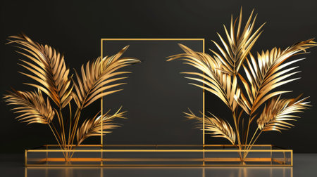 A square glass platform with golden palm leaves on black background. Modern illustration of a transparent plastic podium for luxury product presentations, yellow arch decoration, stage mock-up.の素材