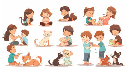 Animal care illustrations with young children hugging, feeding, and cuddling their pets, animal adoption, friendship, love, and care.の素材