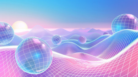 Modern set of vaporwave aesthetic covers and banners with gradient colored wireframe elements and balls in a retro style.の素材