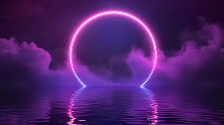 Modern illustration of purple ring shining in clouds and mist, reflection glowing on rippled surface. Nightclub party, music show design backdrop.の素材