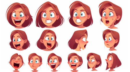 Modern illustration of teen characters mouth, lips, and emotions on white background. Modern illustration of female character pronouncing different sounds.の素材