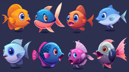 Cartoon fish with fin and smiling lips. Modern illustration set of funny sea or ocean animal characters. Underwater set of aquarium animals. Aquatic habitat.の素材