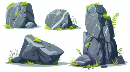 Grass and moss on grey big mountain stone. Cartoon illustration of a canyon hill landscape design using boulder piles and rocky rubble.の素材