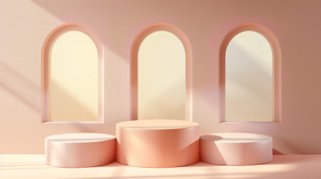 Decorative wave surface on pastel product podium behind window in wall. 3D modern illustration of cylinder goods display platform installed behind arch hole. Round presentation stand.の素材