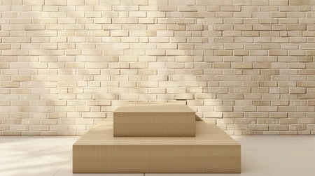 For showcasing products in a room with brick wall, a wooden podium with texture of light brown wood is featured. Realistic modern illustration of pastel beige scene with rectangular high and lowの素材