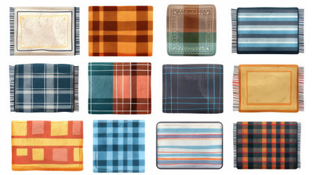 Detailed modern illustration of a carpet set with checkered, striped, floral pattern isolated on white background.の素材