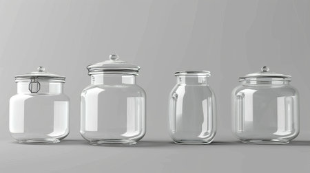 3D illustration of empty transparent containers for preserved foods, kitchen storage containers, jam or pickle canning, kitchenware mockup.の素材