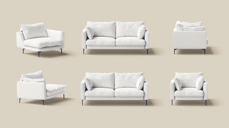 This is a 3D white couch mockup designed in a realistic modern illustration style with a fabric surface. Living room interior furniture for a waiting area in your business or lounge.の素材